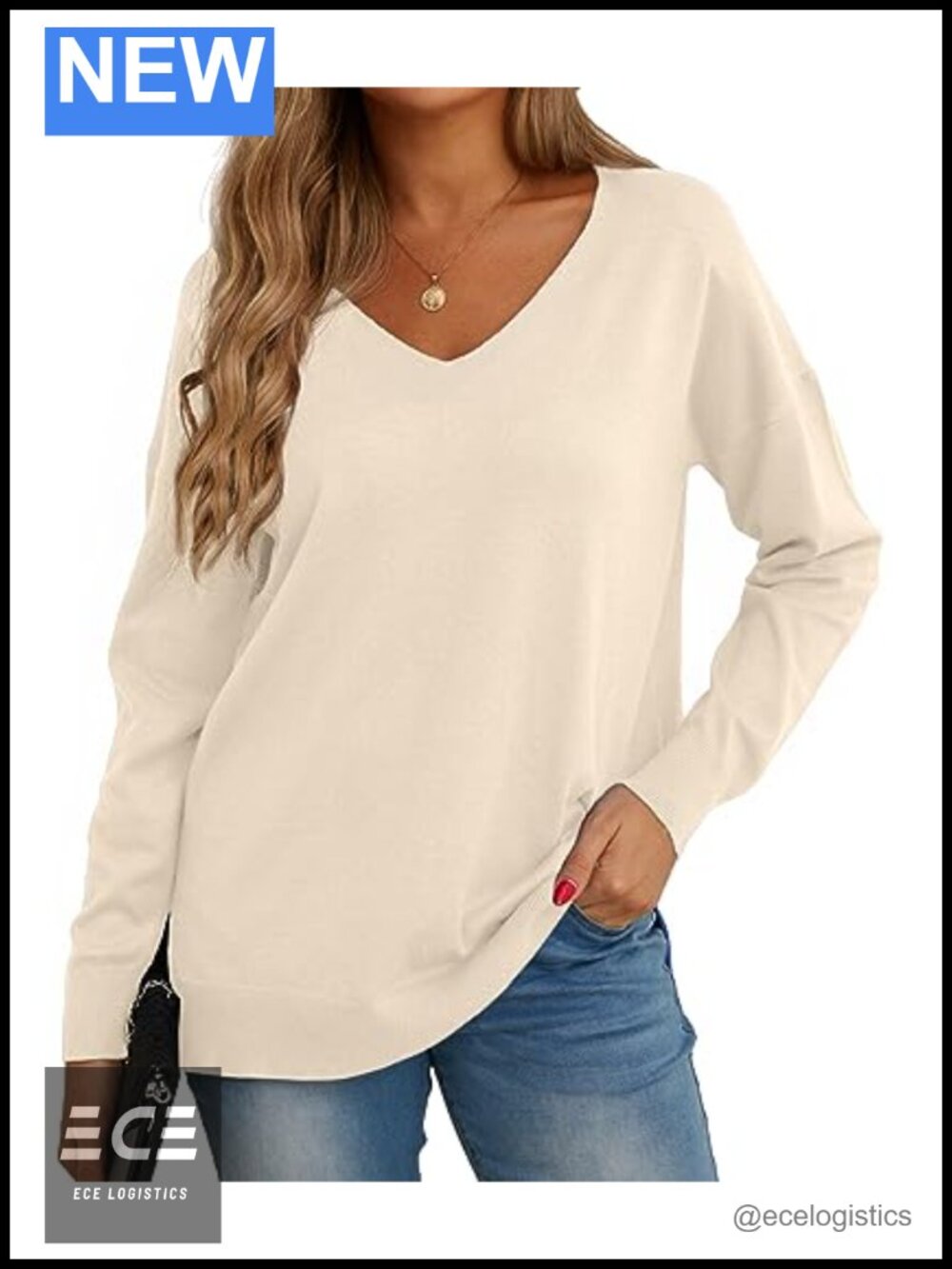 Womens V-Neck Long Sleeve Loose Knit Pullover Sweater Side Split Casual